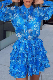 Casual Print Patchwork Turndown Collar Cake Skirt Dresses