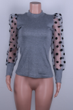 Fashion Elegant Polka Dot Patchwork Mesh O Neck Tops