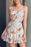 Fashion Sexy Print Backless Flounce V Neck Sling Dresses