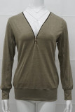 Work Solid Patchwork Zipper V Neck Tops