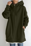 Casual Solid Draw String Pocket Zipper Hooded Collar Tops