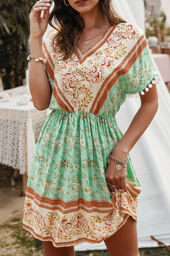 Bohemian Print Tassel Patchwork V Neck A Line Dresses