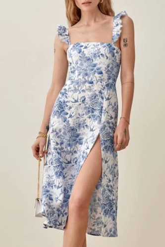 Vintage Elegant Floral Flounce Slit Square Collar A Line Dresses