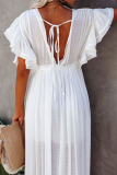 Casual Solid Patchwork V Neck Cake Skirt Dresses