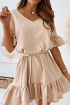 Casual Solid Patchwork Frenulum V Neck A Line Dresses