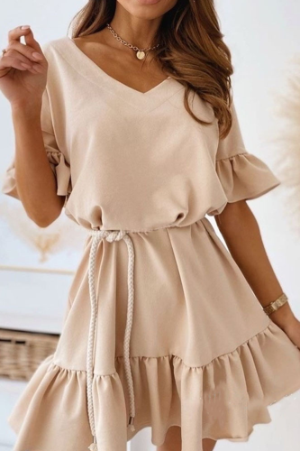Casual Solid Patchwork Frenulum V Neck A Line Dresses