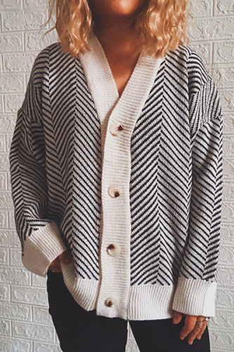 Casual Striped Patchwork Buckle V Neck Outerwear Sweater