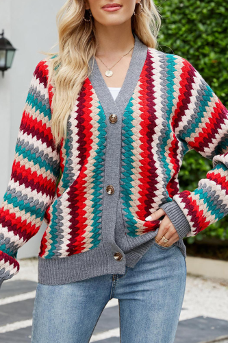 Casual Striped Patchwork Cardigan Collar Tops