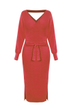 Casual Elegant Solid Backless Slit Strap Design V Neck Pencil Skirt Dresses