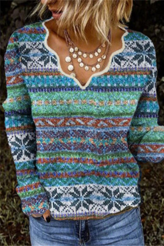 Sweet Street Print Embroidered Printing V Neck Tops