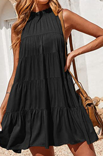 Fashion Solid Patchwork Halter Cake Skirt Dresses