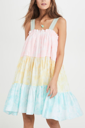 Spring and Summer Contrast Ice Cream Color Sling Tea Skirt Dress