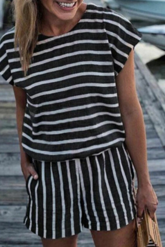 Casual Striped Patchwork O Neck Straight Rompers