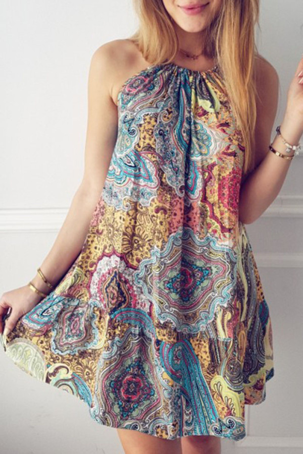 Fashion Street Print Patchwork Spaghetti Strap A Line Dresses