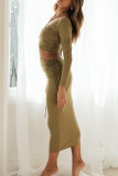 Fashion Street Solid Patchwork U Neck Long Sleeve Two Pieces