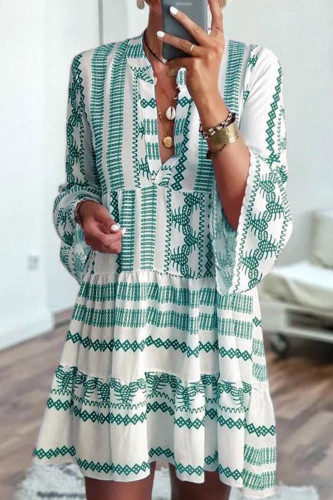 Fashion Casual Print Patchwork V Neck Princess Dresses