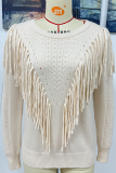 Fashion Solid Tassel Patchwork O Neck Tops
