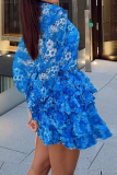Casual Print Patchwork Turndown Collar Cake Skirt Dresses