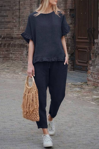 Casual Solid Flounce O Neck Short Sleeve Two Pieces