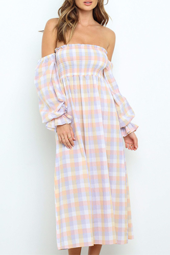 Elegant Plaid Camouflage Print Patchwork Fold Stringy Selvedge Strapless Dresses