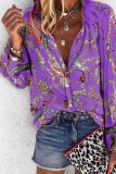 Fashion Print Patchwork Turndown Collar Tops