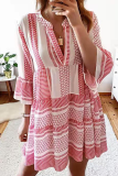 Casual Print Patchwork V Neck Cake Skirt Dresses