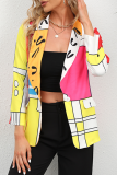 Elegant Print Patchwork Buttons Turndown Collar Outerwear