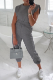 Casual Solid Patchwork O Neck Sleeveless Two Pieces