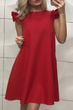Casual Solid Flounce O Neck Cake Skirt Dresses