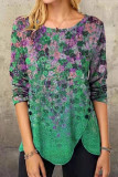 Floral Oil Painting Button Slit T Shirt