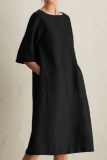 Casual Solid Patchwork Pocket O Neck A Line Dresses
