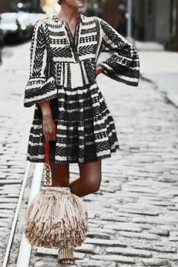 Casual Print Patchwork V Neck Dresses