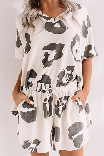 Fashion Patchwork Patchwork V Neck Short Sleeve Two Pieces