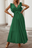 Casual Solid Patchwork V Neck Cake Skirt Dresses