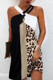 Casual Leopard Patchwork Halter Straight Dresses