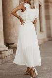 Fashion Elegant Solid Flounce Strap Design V Neck Pleated Dresses