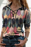 Loose Printed Long-Sleeved Tie V-Neck T-Shirt