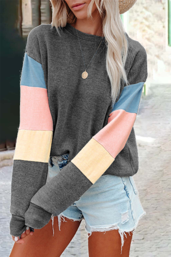 Street Solid Patchwork O Neck Tops