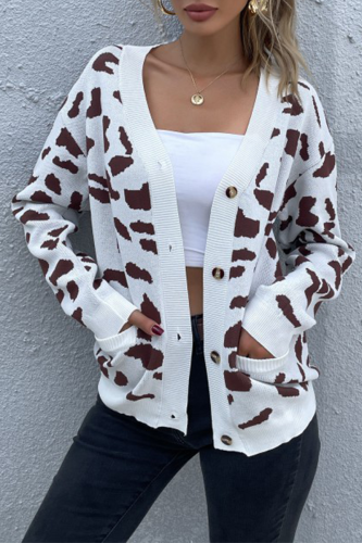 Casual Leopard Pocket Buckle V Neck Tops