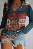 Casual Print Patchwork Basic V Neck Tops