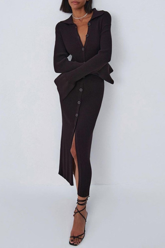 Sexy Solid Patchwork Turndown Collar Pencil Skirt Dresses