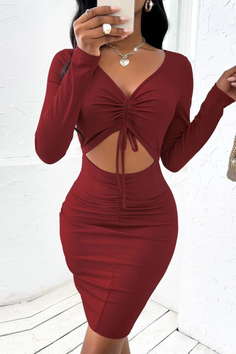 Fashion Street Solid Frenulum Fold V Neck Wrapped Skirt Dresses