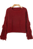 Casual Solid Tassel O Neck Tops