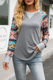 Casual Geometric Patchwork O Neck Tops