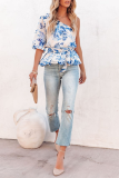 Casual Print Patchwork One Shoulder T-Shirts