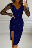 Sexy Solid Mesh V Neck Pencil Skirt Dresses
