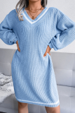 Casual Striped Patchwork Contrast V Neck A Line Dresses Sweater (Without Belt)