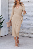 Casual Solid Patchwork V Neck Waist Skirt Dresses
