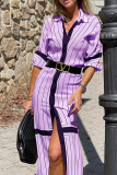 Casual Striped Patchwork Turndown Collar Straight Dresses
