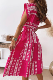 Casual Print Patchwork O Neck Waist Skirt Dresses